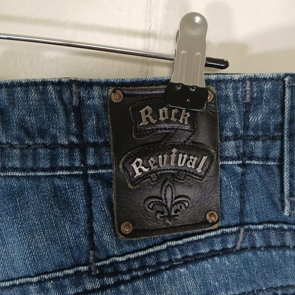 Rock Revival Preston Straight Jeans Mens 38x32 Blue Embroidered Pockets RJ8785T8
